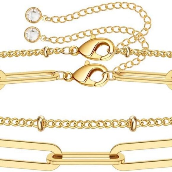 Dainty Gold Bracelets for Women, 14K Gold Plated Adjustable Layered Bracelet Cut - Picture 1 of 7